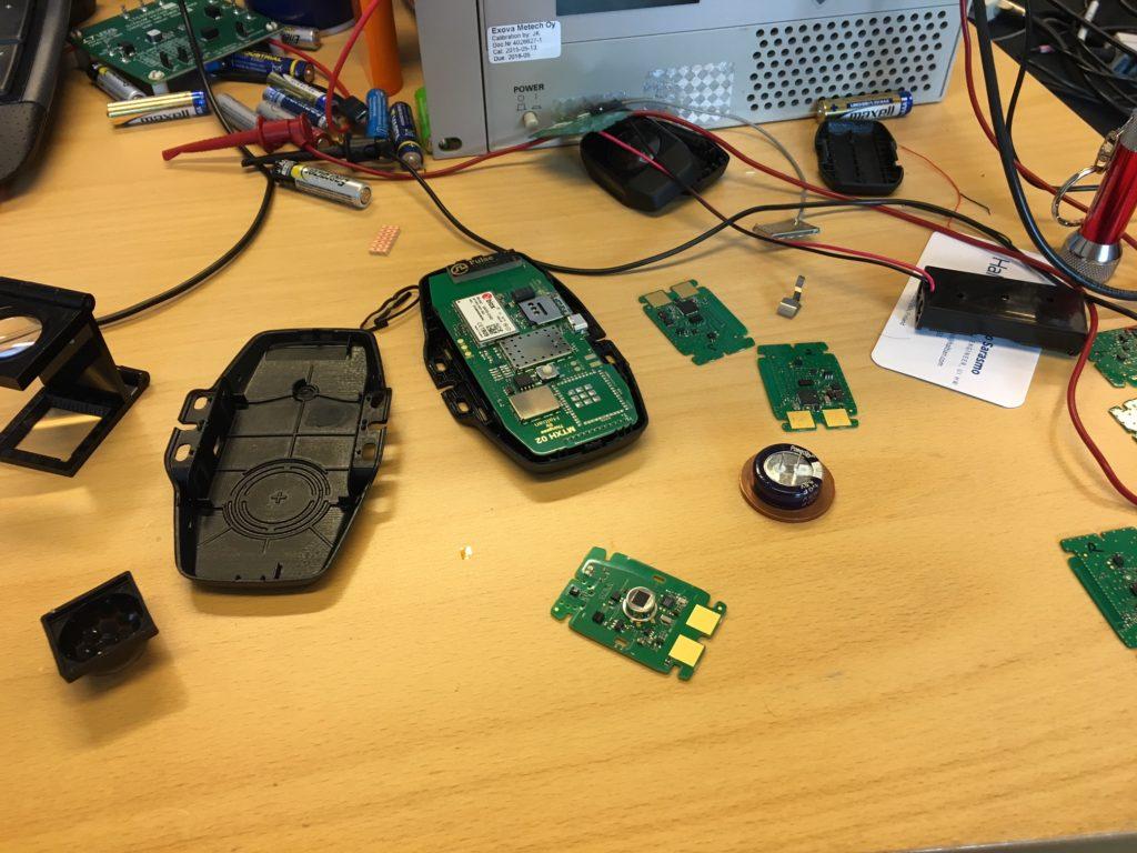Thingsee IoT devices assembled on a table at Haltian office