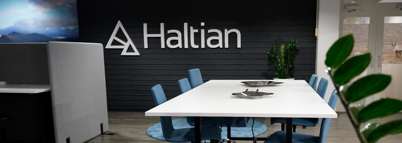 Haltian main lobby with Haltian logo