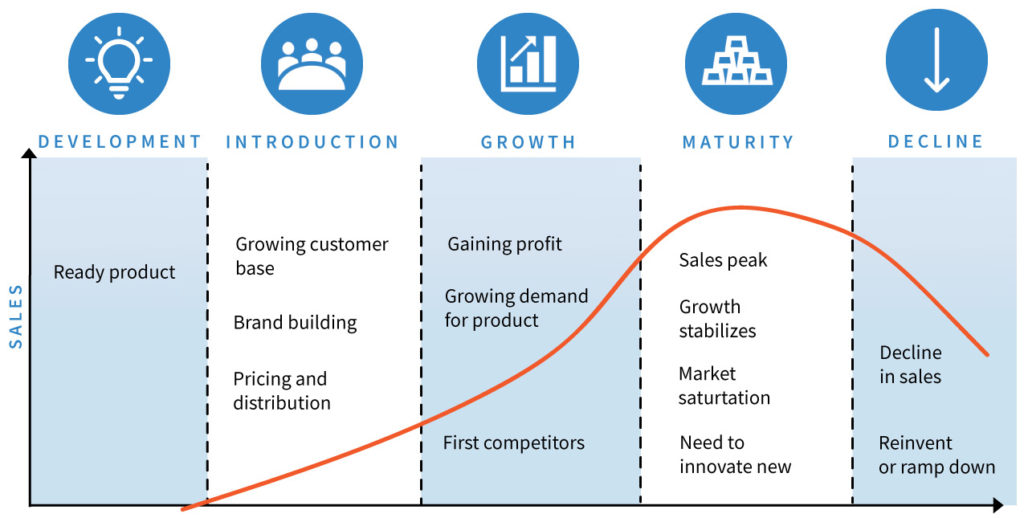 infographic on new product development cycle from introduction to decline