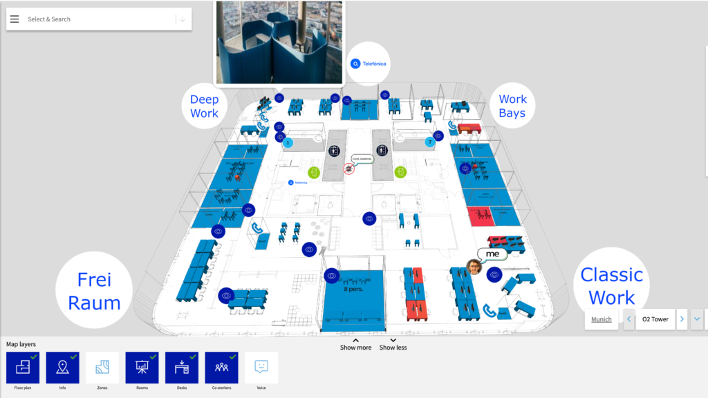 Telefonica Munich Empathic Building digital tein office map showing dofferent working zones and rooms