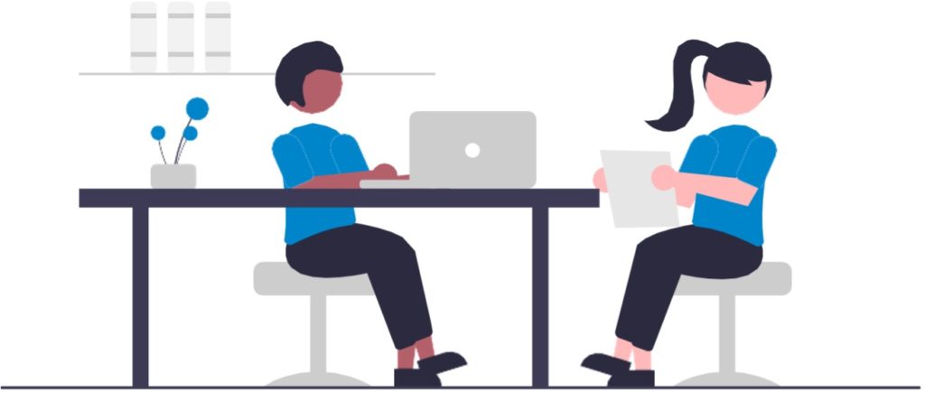 Illustrated people sitting at a desk