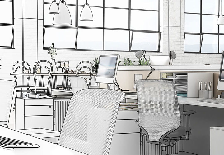 Office design image with half drawn and half image