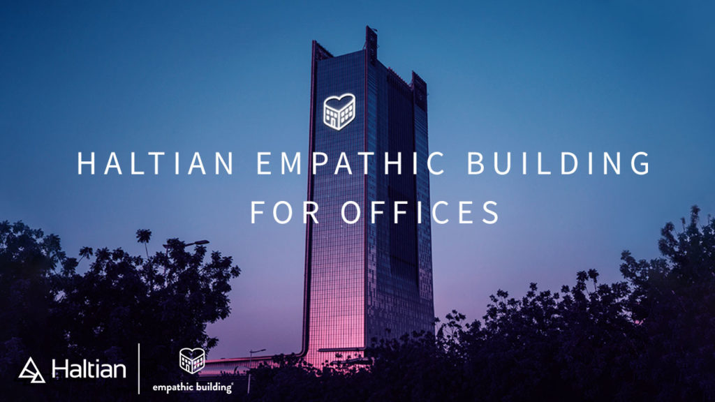 Haltian Empathic Building for offices. Modern building at night