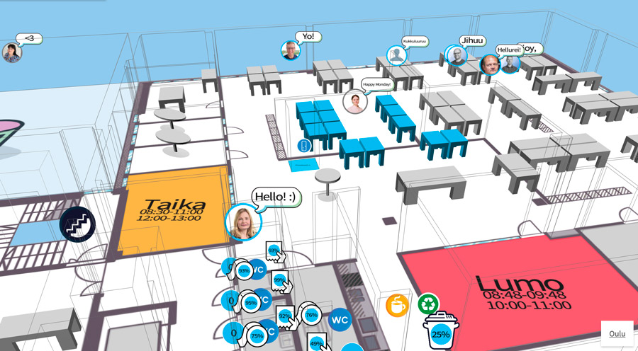 hot desking areas at Haltian office, empathic building digital twin