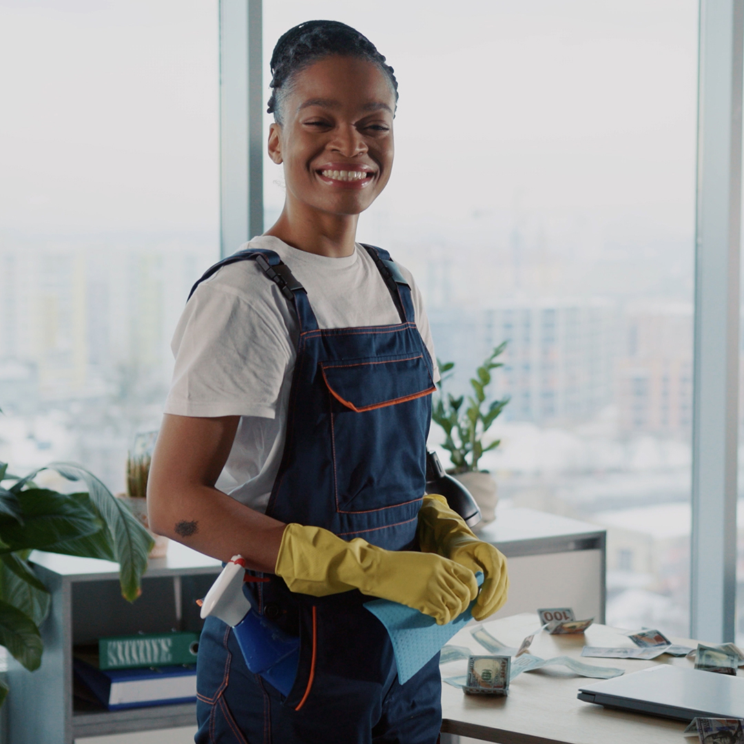 A woman doing data-driven cleaning in an office