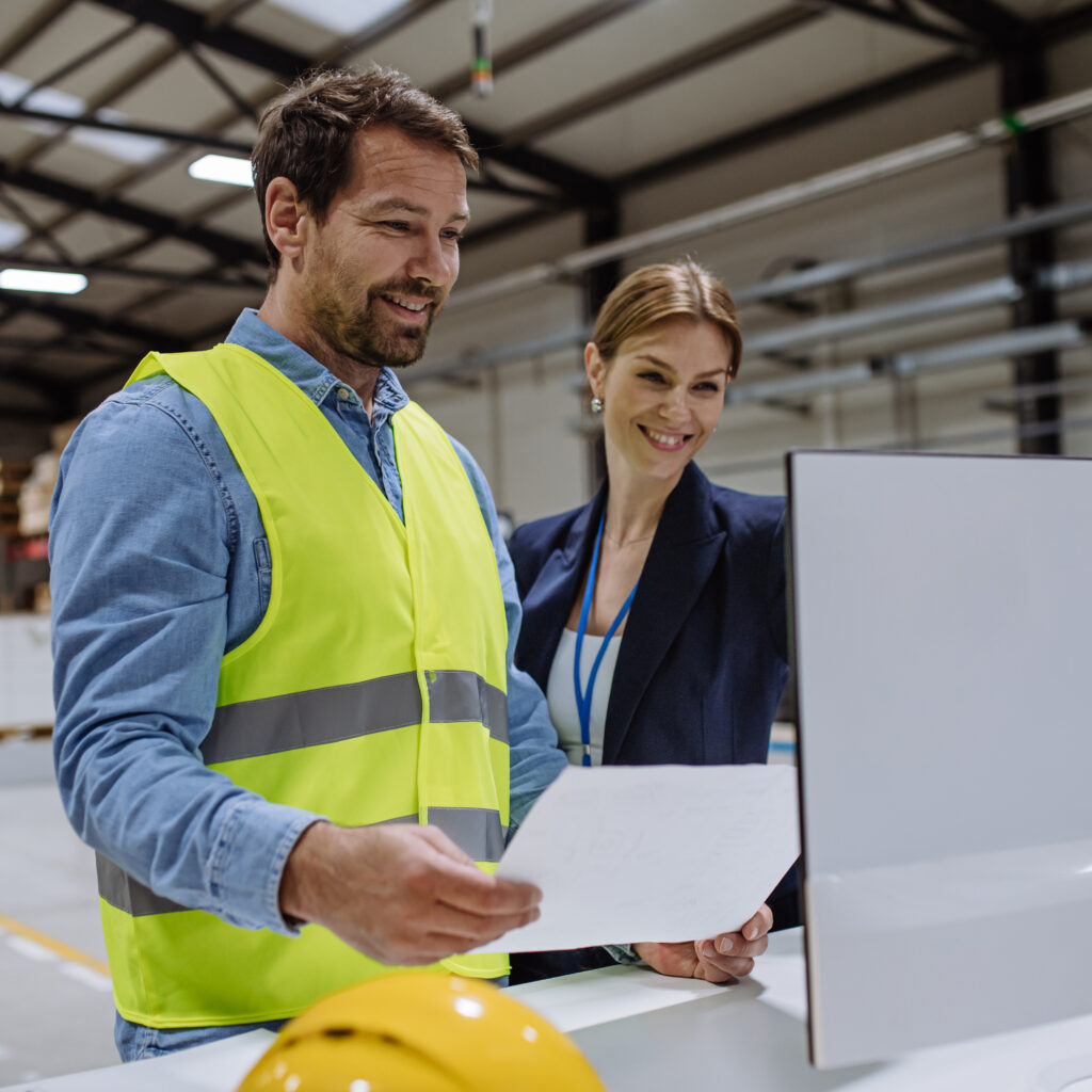 Female warehouse director talking with production manager, discussing new order, preparing products for shipment, delivery, checking stock in the warehouse.