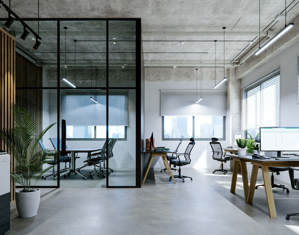 modern office design with desks and meeting rooms