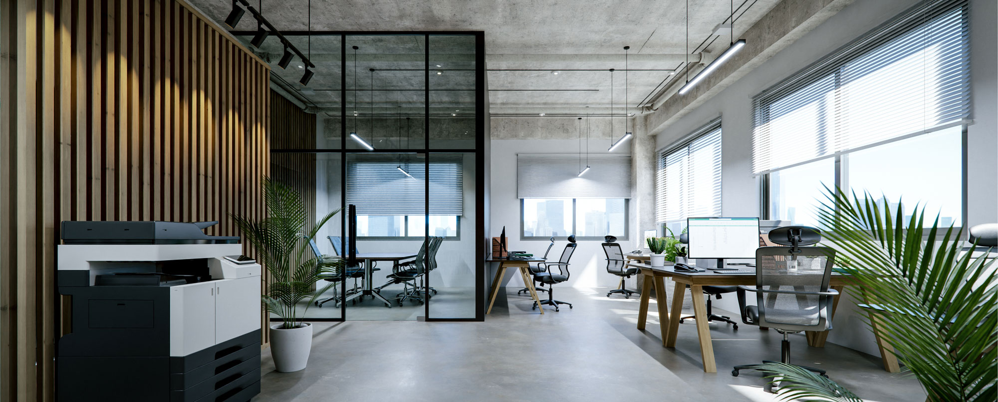 modern office design with desks and meeting rooms